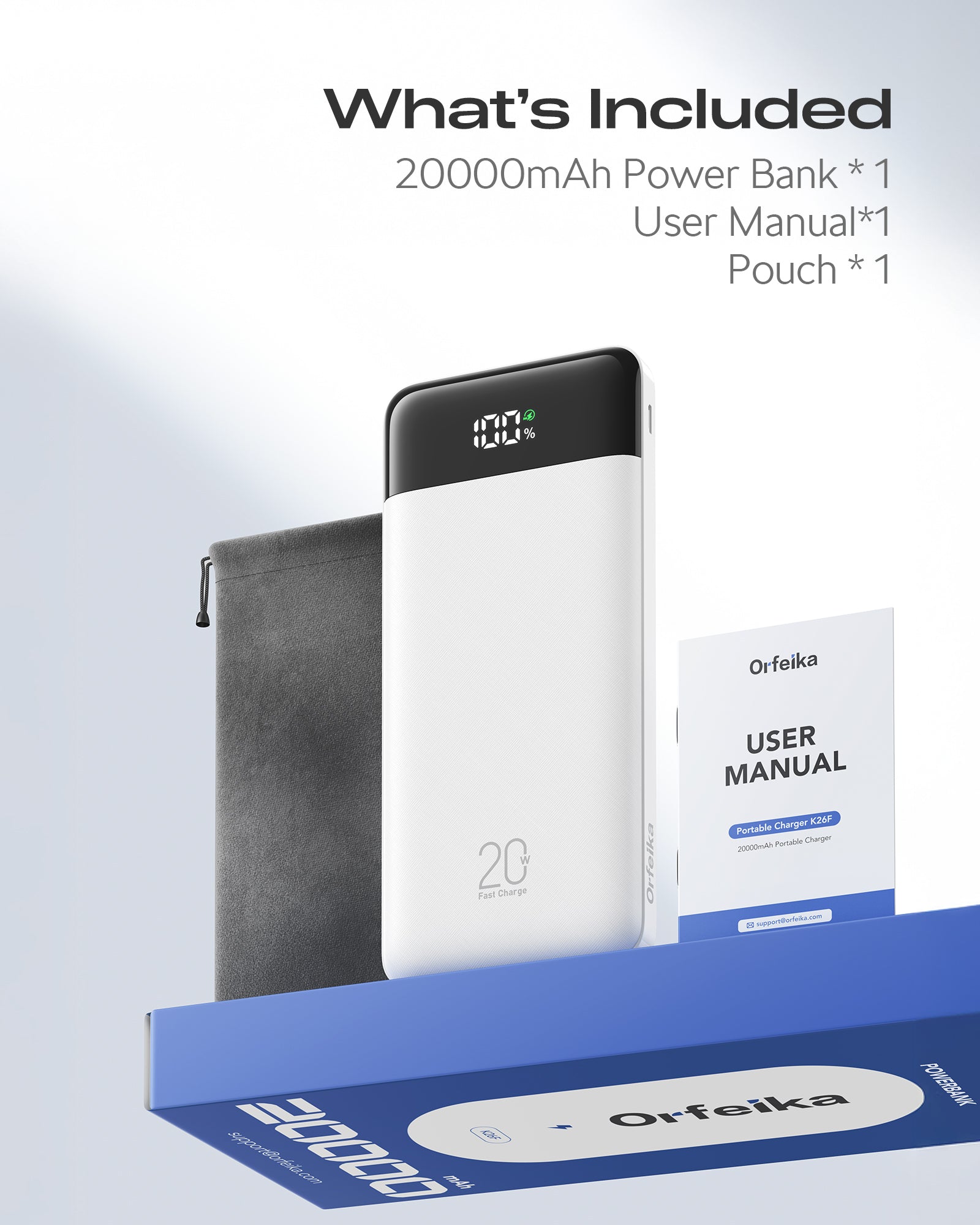 Orfeika 20000mAh Power Bank Fast Charging with 4 Built-in Cables & 6 Outputs, 20W PD USB C