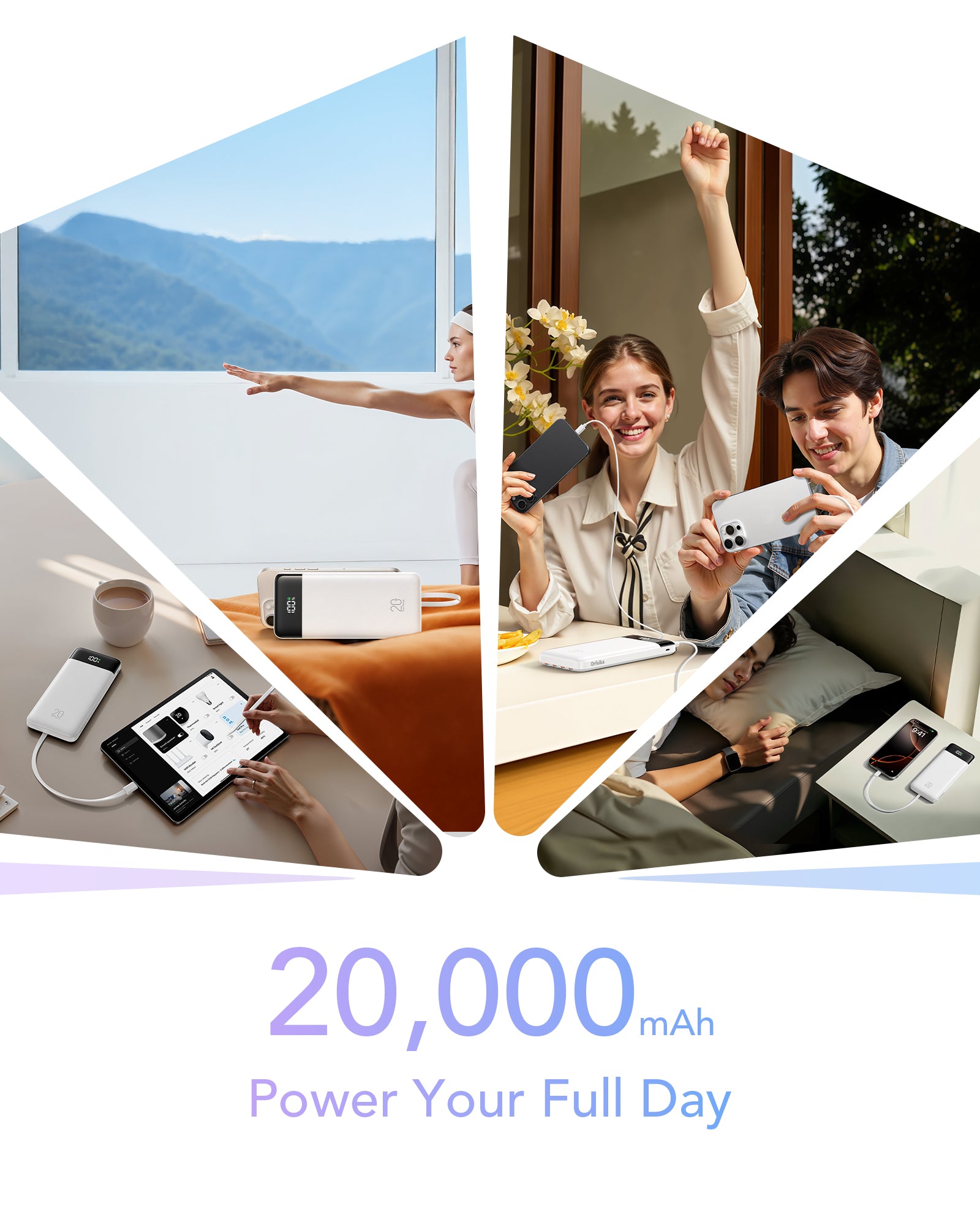 Orfeika 20000mAh Power Bank Fast Charging with 4 Built-in Cables & 6 Outputs, 20W PD USB C