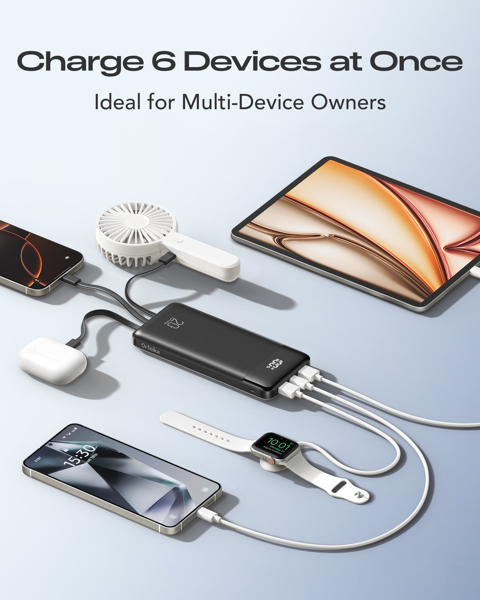 Orfeika 20000mAh Power Bank Fast Charging with 4 Built-in Cables & 6 Outputs, 20W PD USB C